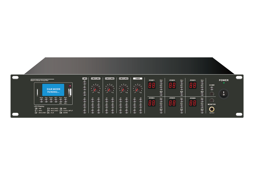 PA 6×6 Matrix Mixer Amplifier +USB/SD/FM/Bluetooth